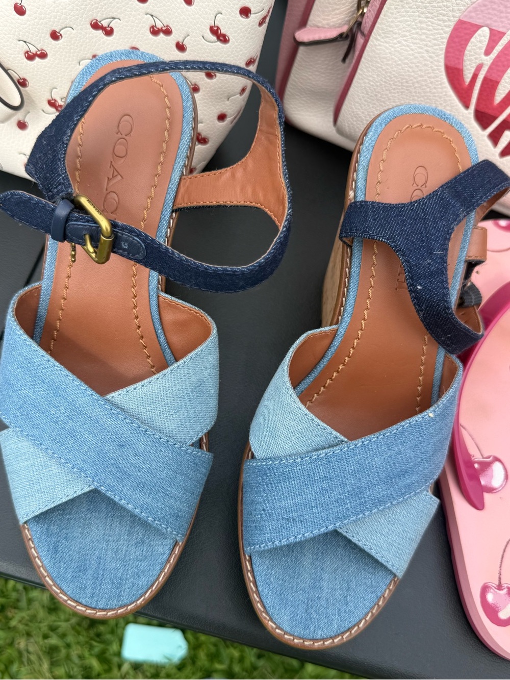 COACH Blue Denim Wedge Sandals